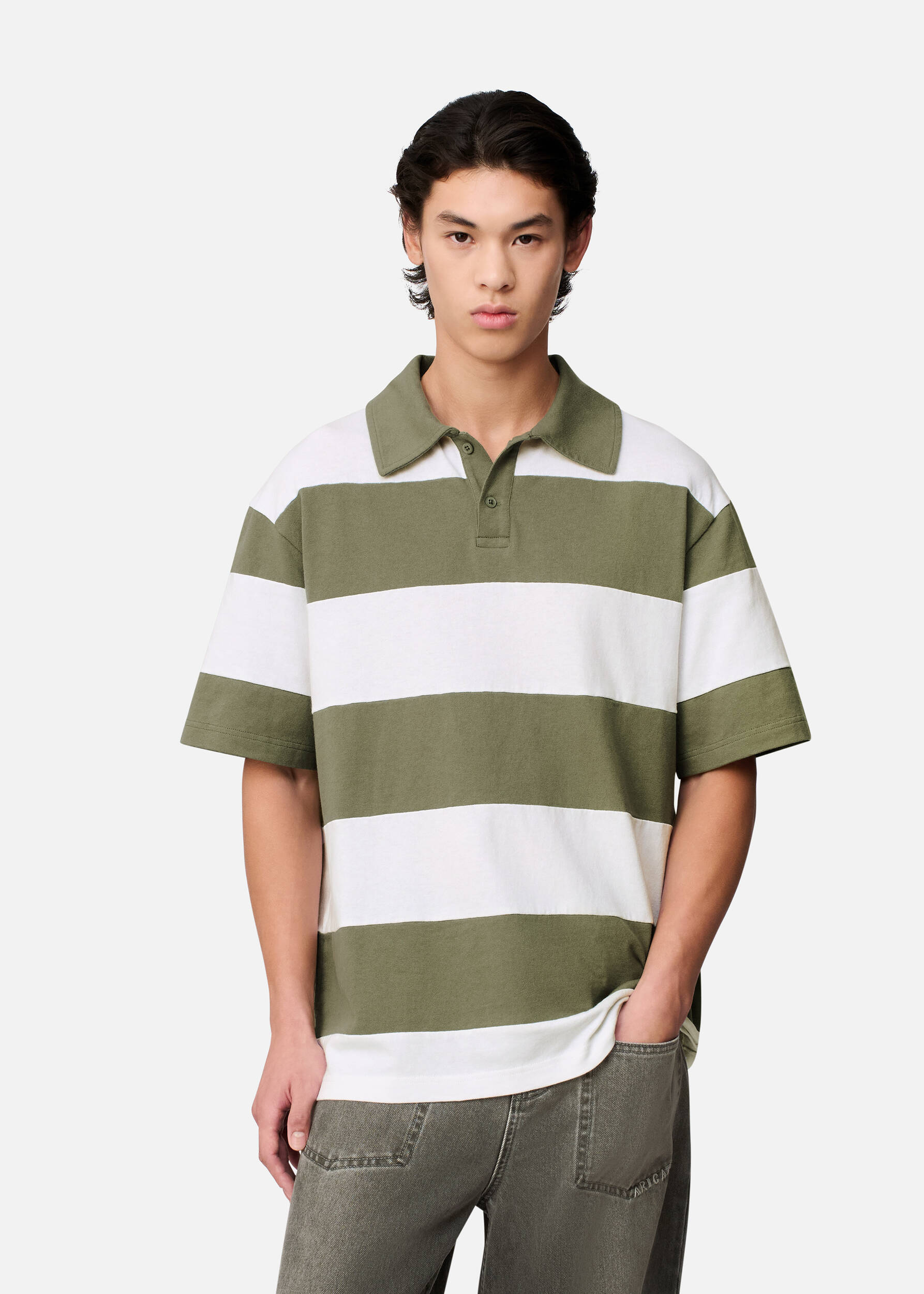 Striped Polo T-Shirt White/Deep Lichen Green