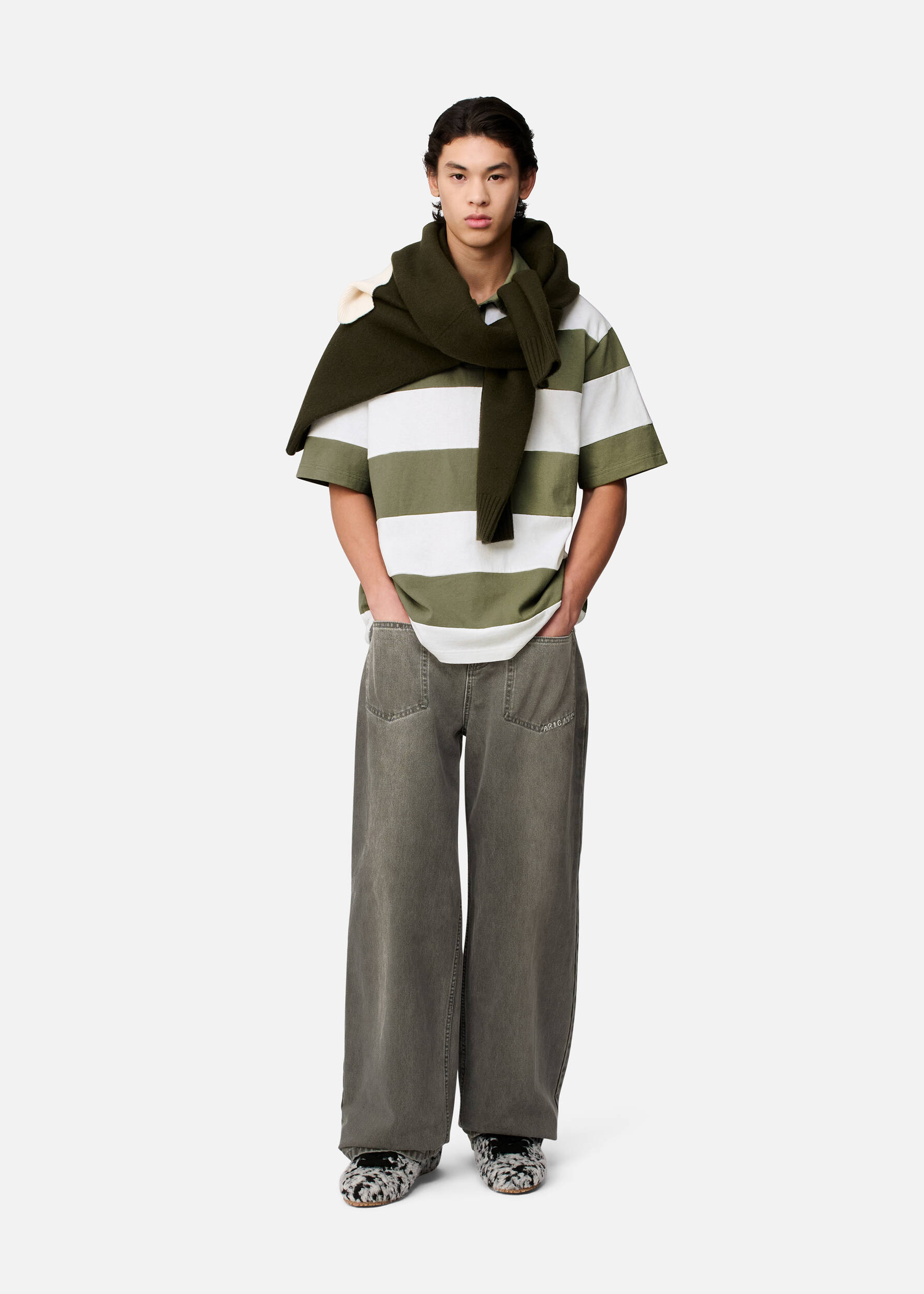 Striped Polo T-Shirt White/Deep Lichen Green 3 Striped Polo T-Shirt White/Deep Lichen Green